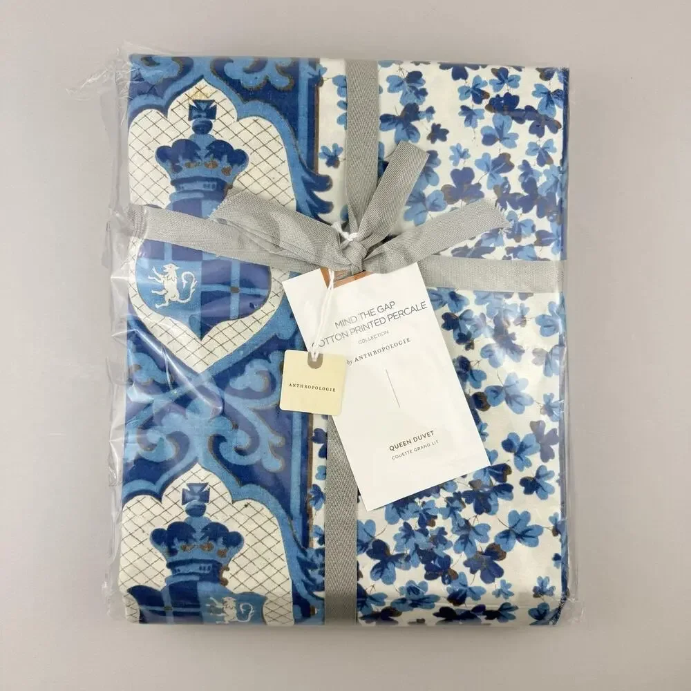 Anthropologie Mind The Gap Duvet Cover QUEEN Blue Cotton Floral Horses New